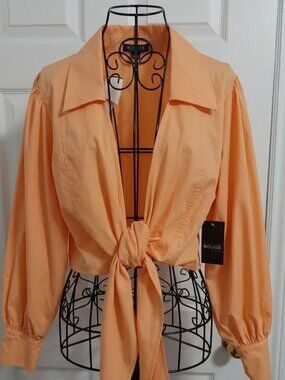 ROUGE COLLECTION Peach Orange Cropped Tie Front Balloon Sleeve Blouse - Size 2X